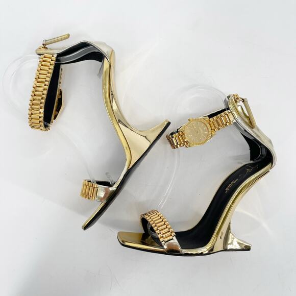 Giuseppe Zanotti for Christian Cowan Gold Watch Buckle Wedge Sandals IT 37.5 - Picture 5 of 15